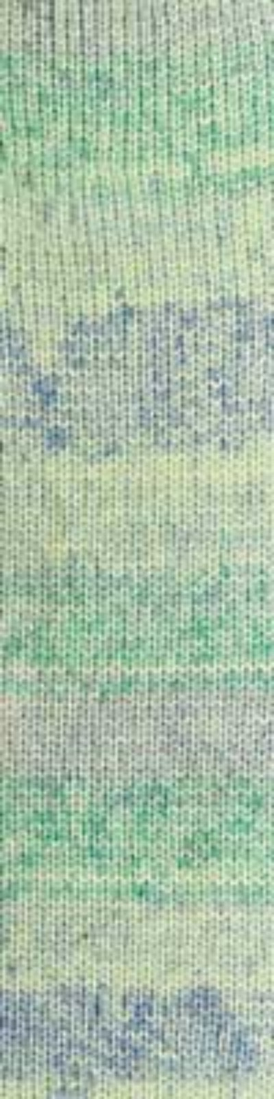 A close-up of a textured knit fabric with horizontal stripes in light green, blue, and off-white.