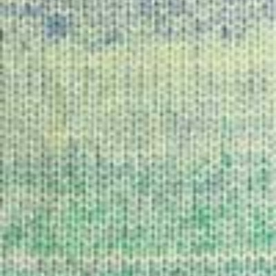 A close-up of a textured knit fabric with horizontal stripes in light green, blue, and off-white.
