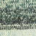 A close-up of a knit fabric texture with horizontal stripes in cream, muted green, and dark gray.