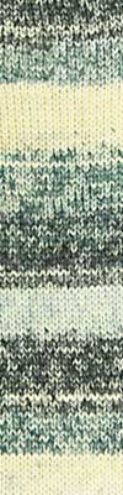 A close-up of a knit fabric texture with horizontal stripes in cream, muted green, and dark gray.