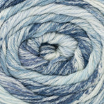 Close-up of a ball of yarn with blue and white stripes