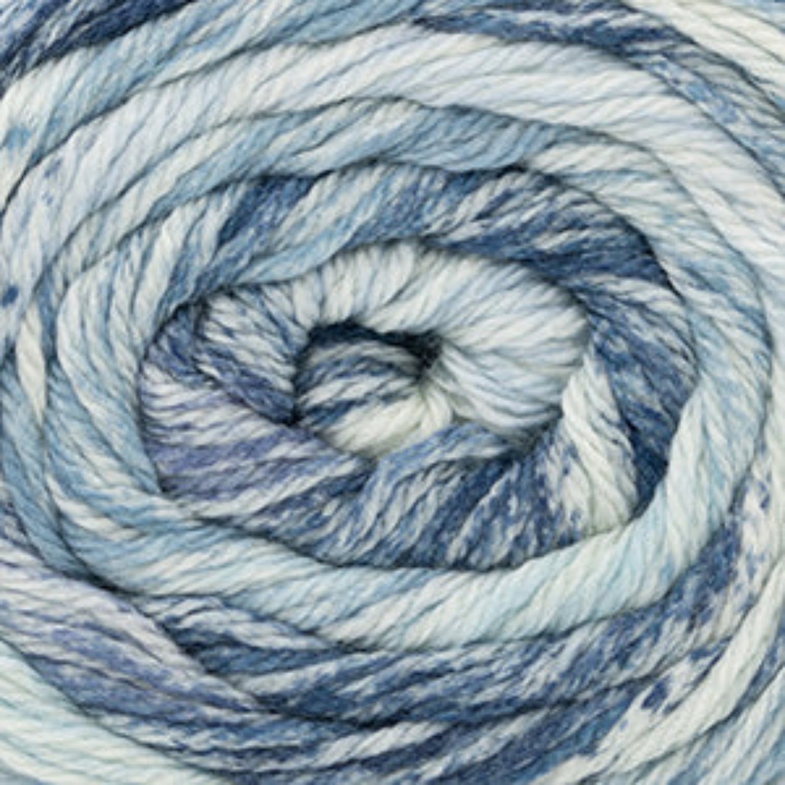 Close-up of a ball of yarn with blue and white stripes