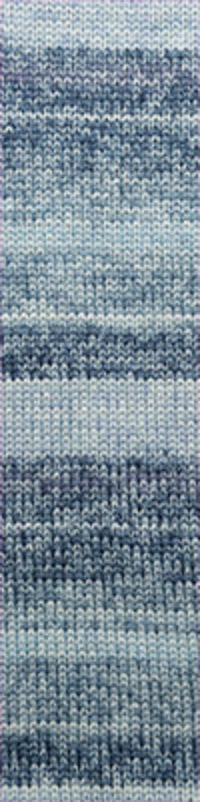 A close-up of a woven textile with horizontal stripes in shades of blue, navy, and light gray.