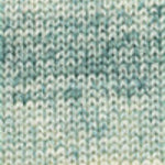 A close-up of a knitted fabric with horizontal stripes in pastel orange, yellow, mint green, and light blue.