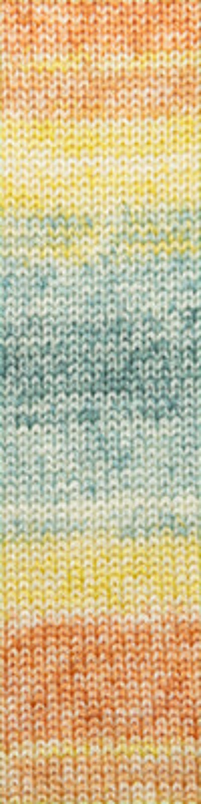 A close-up of a knitted fabric with horizontal stripes in pastel orange, yellow, mint green, and light blue.