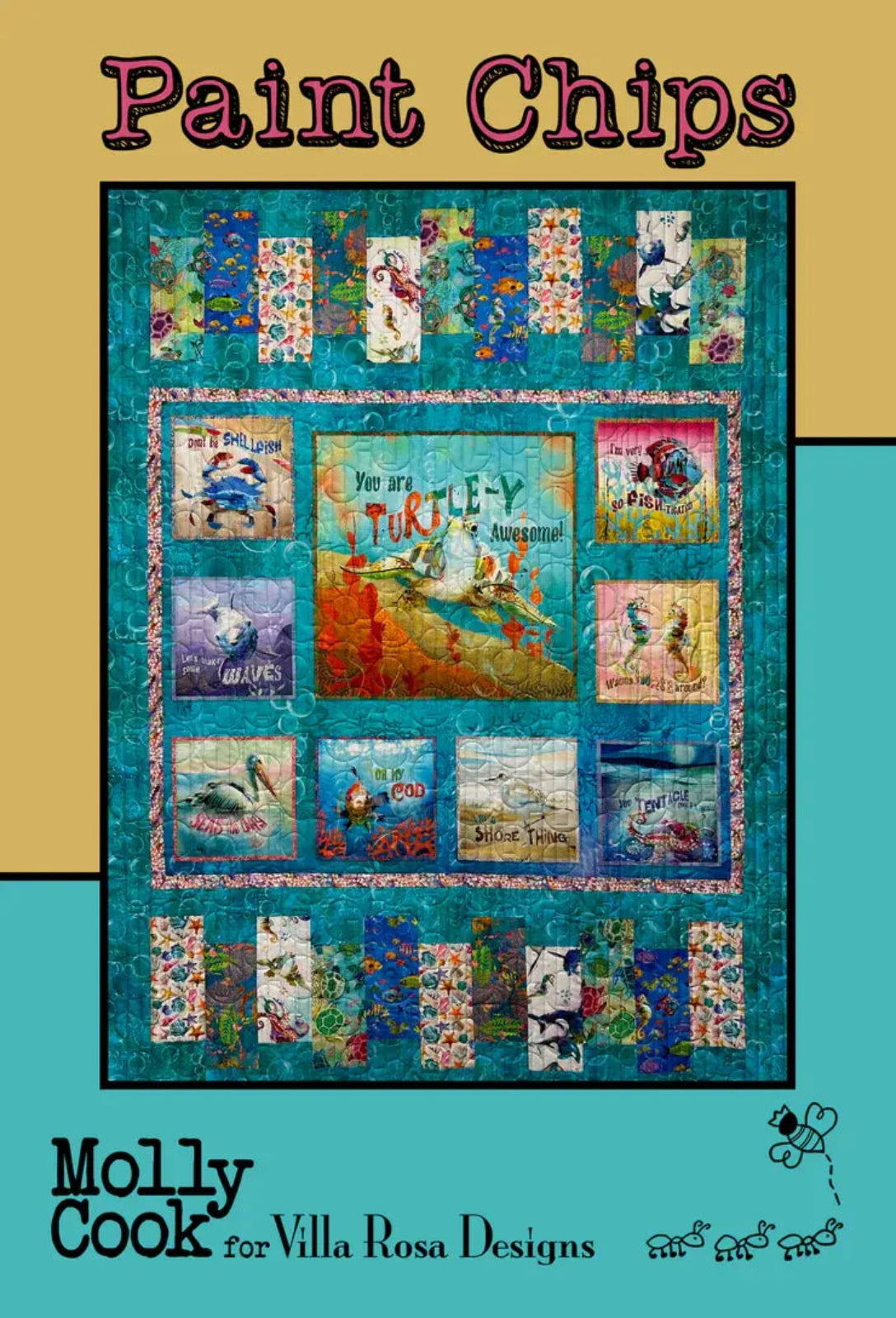 Quilt pattern with colorful patchwork design on a blue and beige background, featuring text about Molly Cook and Villa Rosa Designs.