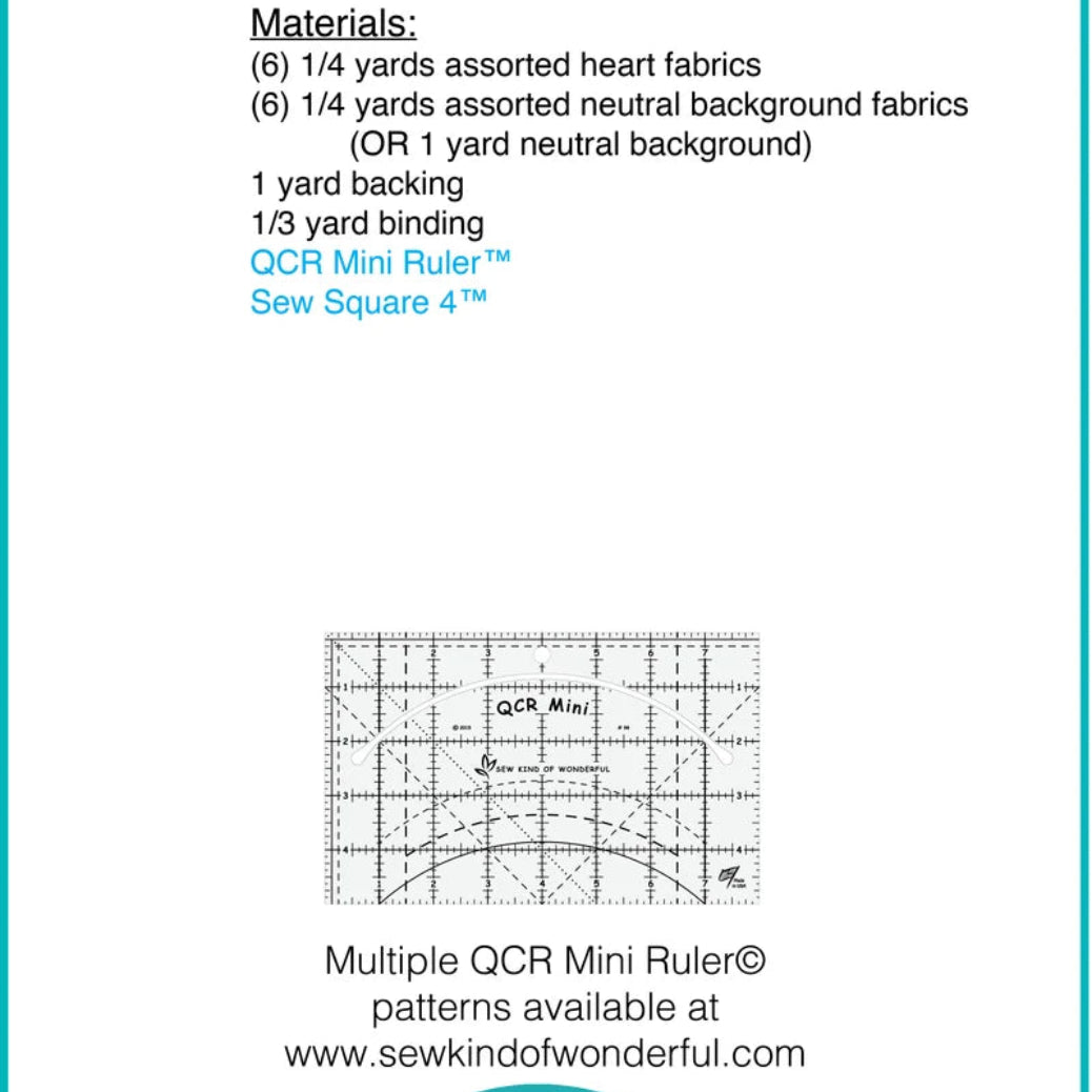 Back cover of a sewing pattern booklet for 'Posh Love' by QCR Mini Ruler, showing fabric yardage requirements, backing, binding, a small pattern drawing, and the Sew Kind of Wonderful logo.