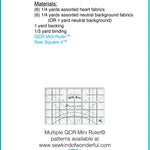 Back cover of a sewing pattern booklet for 'Posh Love' by QCR Mini Ruler, showing fabric yardage requirements, backing, binding, a small pattern drawing, and the Sew Kind of Wonderful logo.