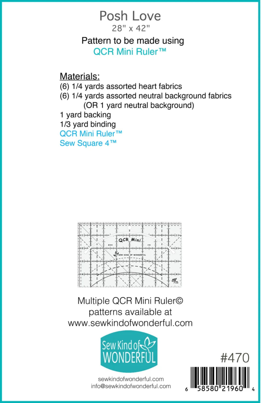 Back cover of a sewing pattern booklet for 'Posh Love' by QCR Mini Ruler, showing fabric yardage requirements, backing, binding, a small pattern drawing, and the Sew Kind of Wonderful logo.