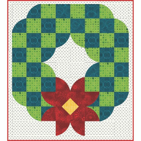 Posh Wreath quilt block with green and teal squares and a red bow on a white background.