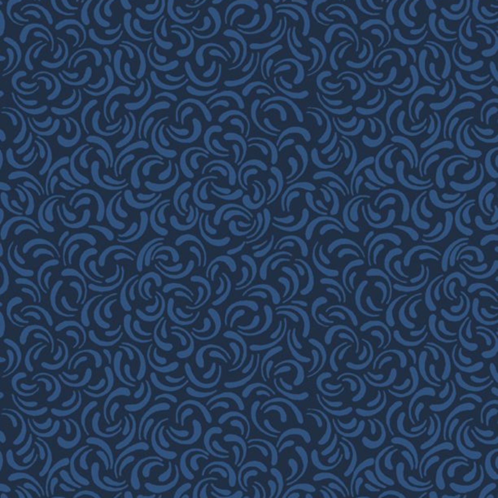 A close-up of a dark blue patterned surface with an allover swirling floral or scroll motif in slightly lighter blue.