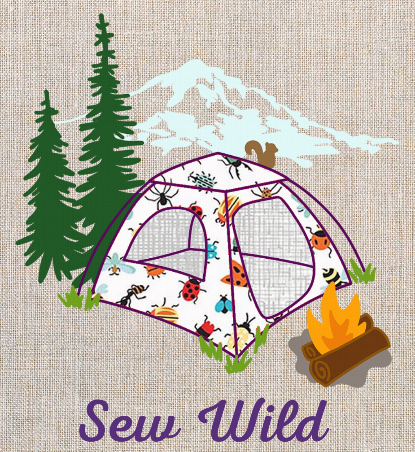 Embroidery design of a tent with nature elements on a textured fabric background, featuring the brand 'Sew Wild'.