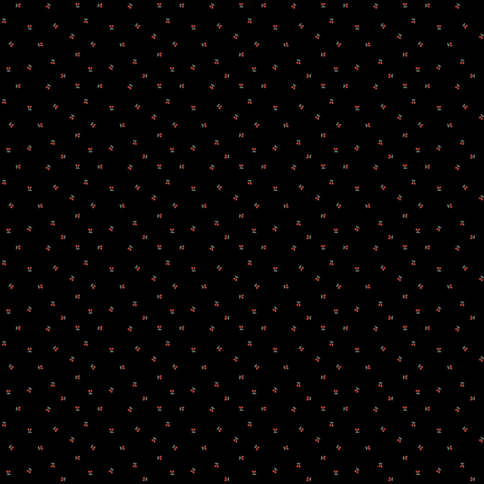 A seamless repeating pattern of small red cherry motifs on a solid black background.