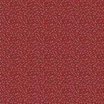 A close-up of a fabric pattern featuring a dense, repeating motif of small white flowers on a muted brick red background.