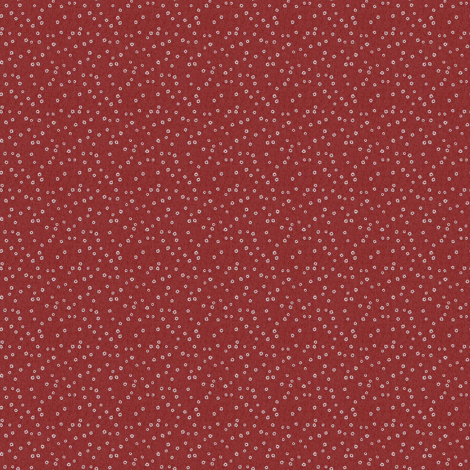 A close-up of a fabric pattern featuring a dense, repeating motif of small white flowers on a muted brick red background.