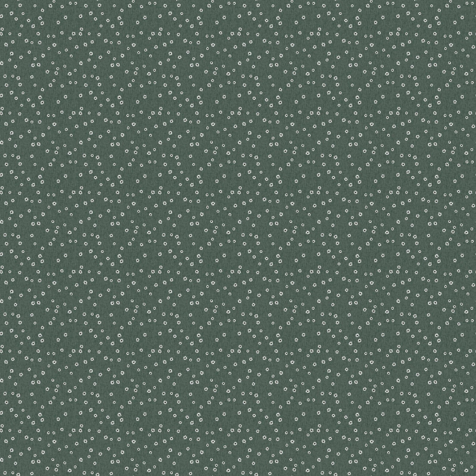 A close-up of a dark green fabric or material with a repeating pattern of small white flowers.