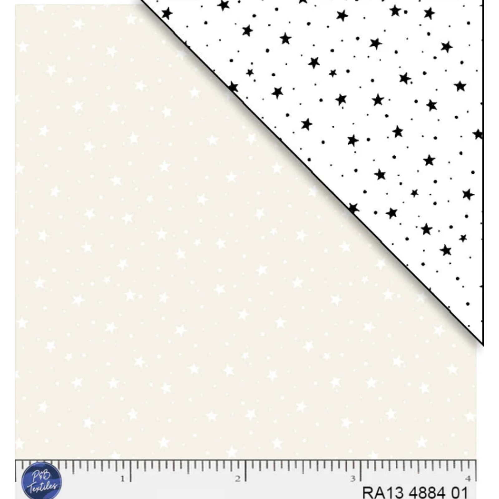 Cream background with white stars and dots scattered.