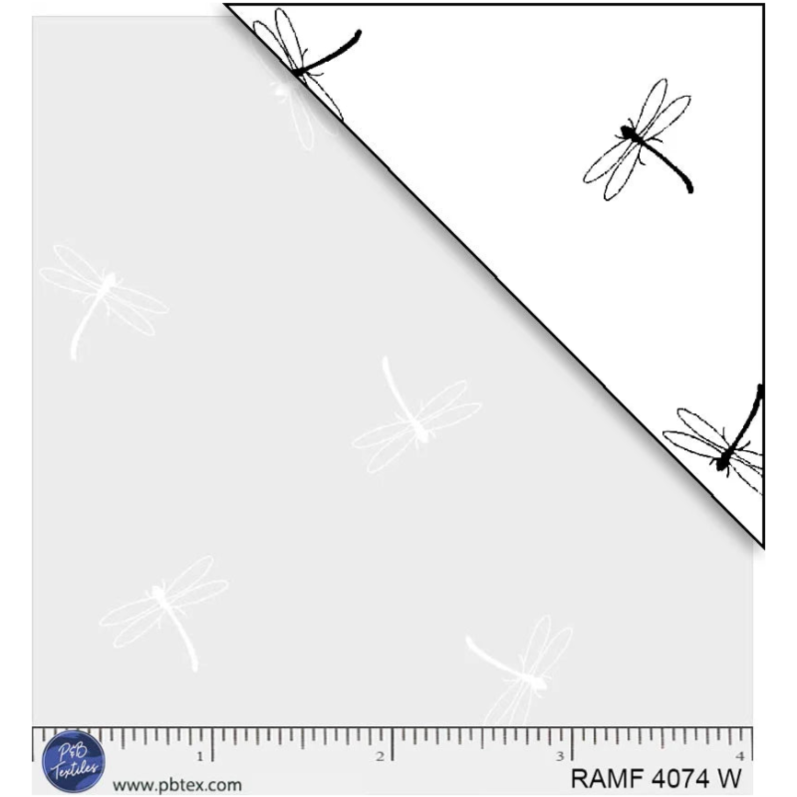 White fabric with black dragonfly patterns and a ruler at the bottom for scale.