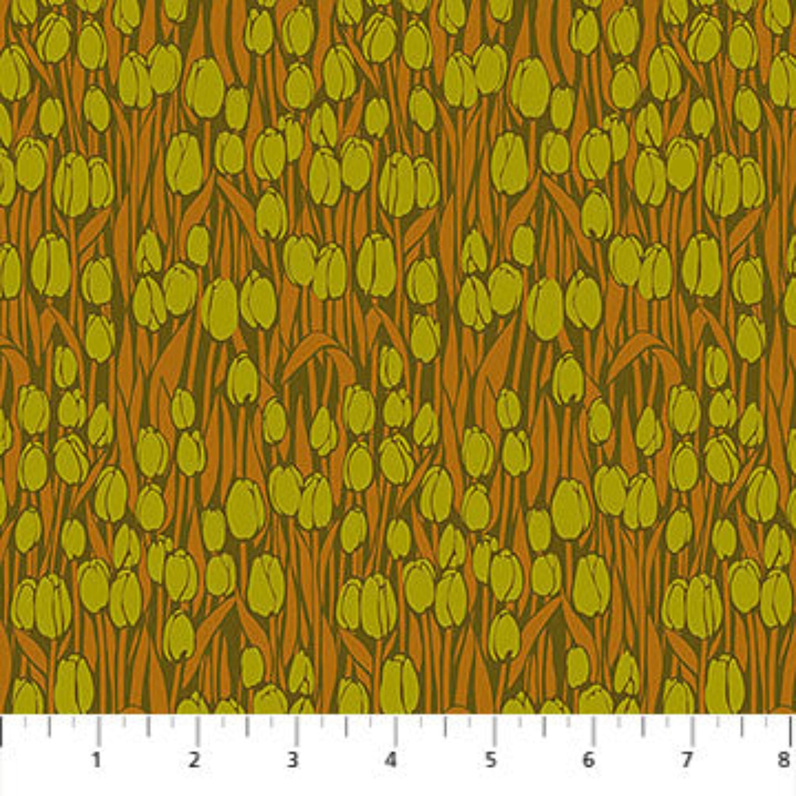 Pattern of green tulips on a gold background with a fabric swatch at the bottom.