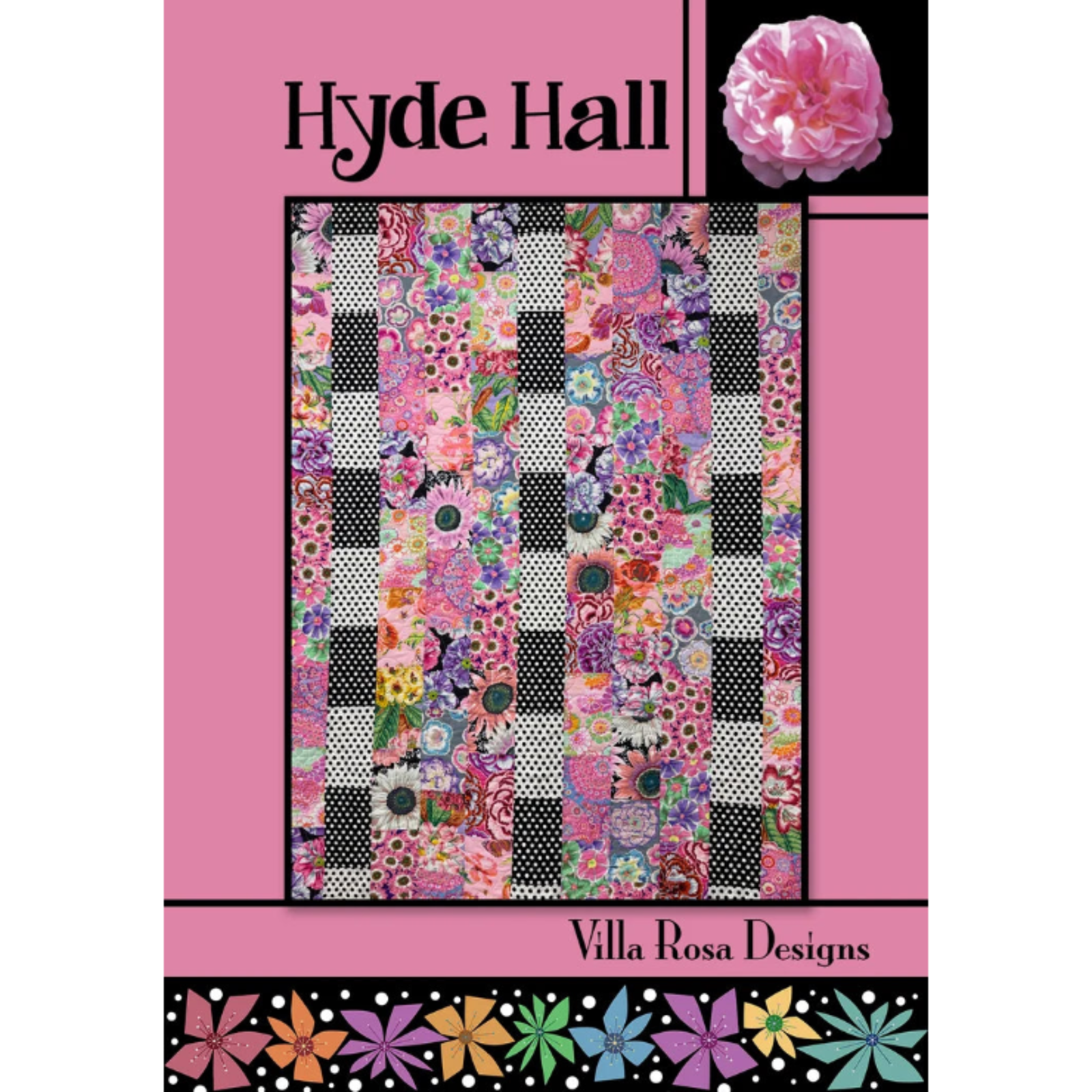 A quilt pattern cover titled 'Hyde Hall' by Villa Rosa Designs, featuring a central patchwork quilt with floral and checkered patterns on a pink background with a flower graphic in the top right.