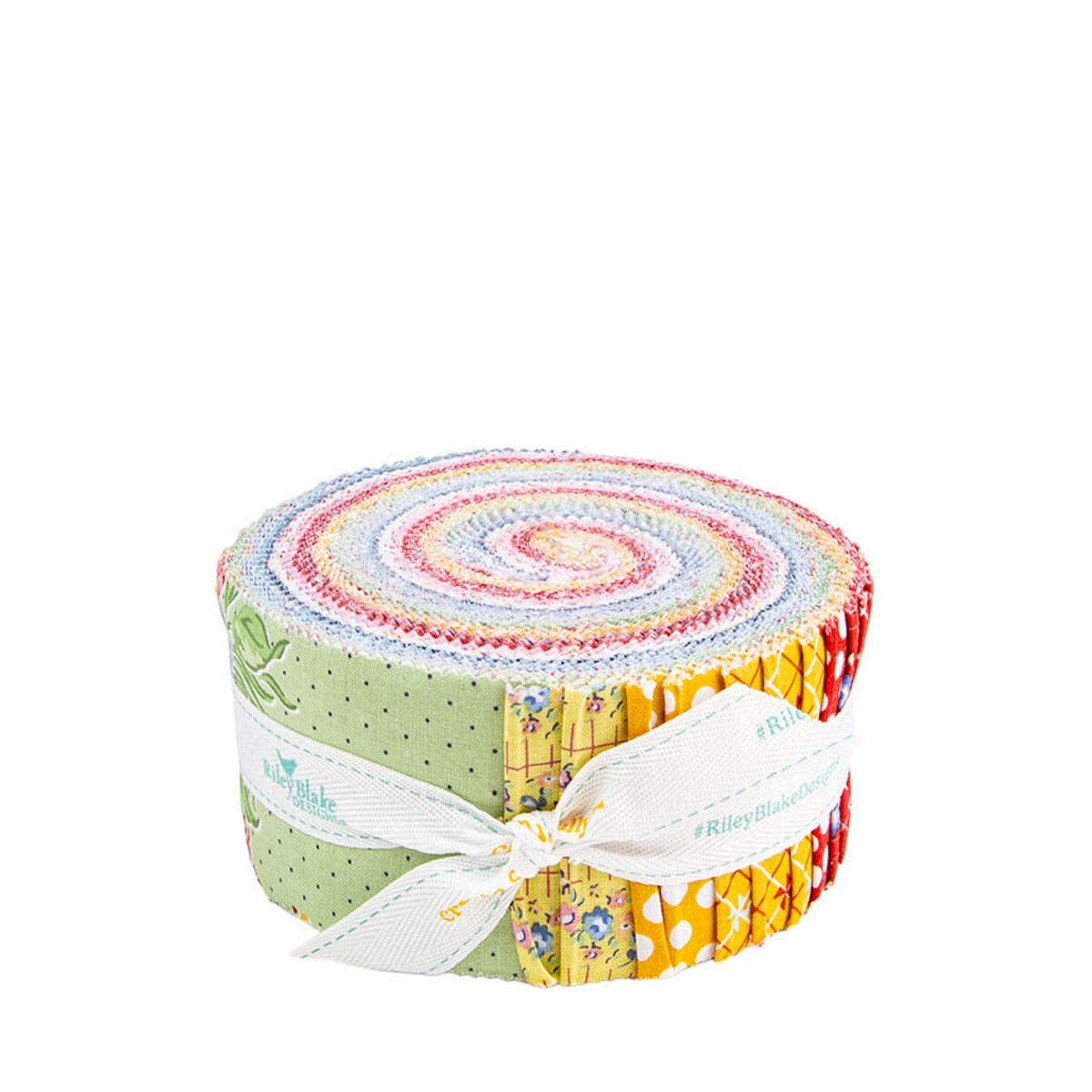 A rolled bundle of Riley Blake fabric scraps tied with a white ribbon, showing a colorful spiral pattern of various fabrics on a plain white background.