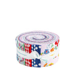 A roll of fabric cutups tied with a white ribbon, showing a multicolor floral and gingham pattern, on a plain white background.