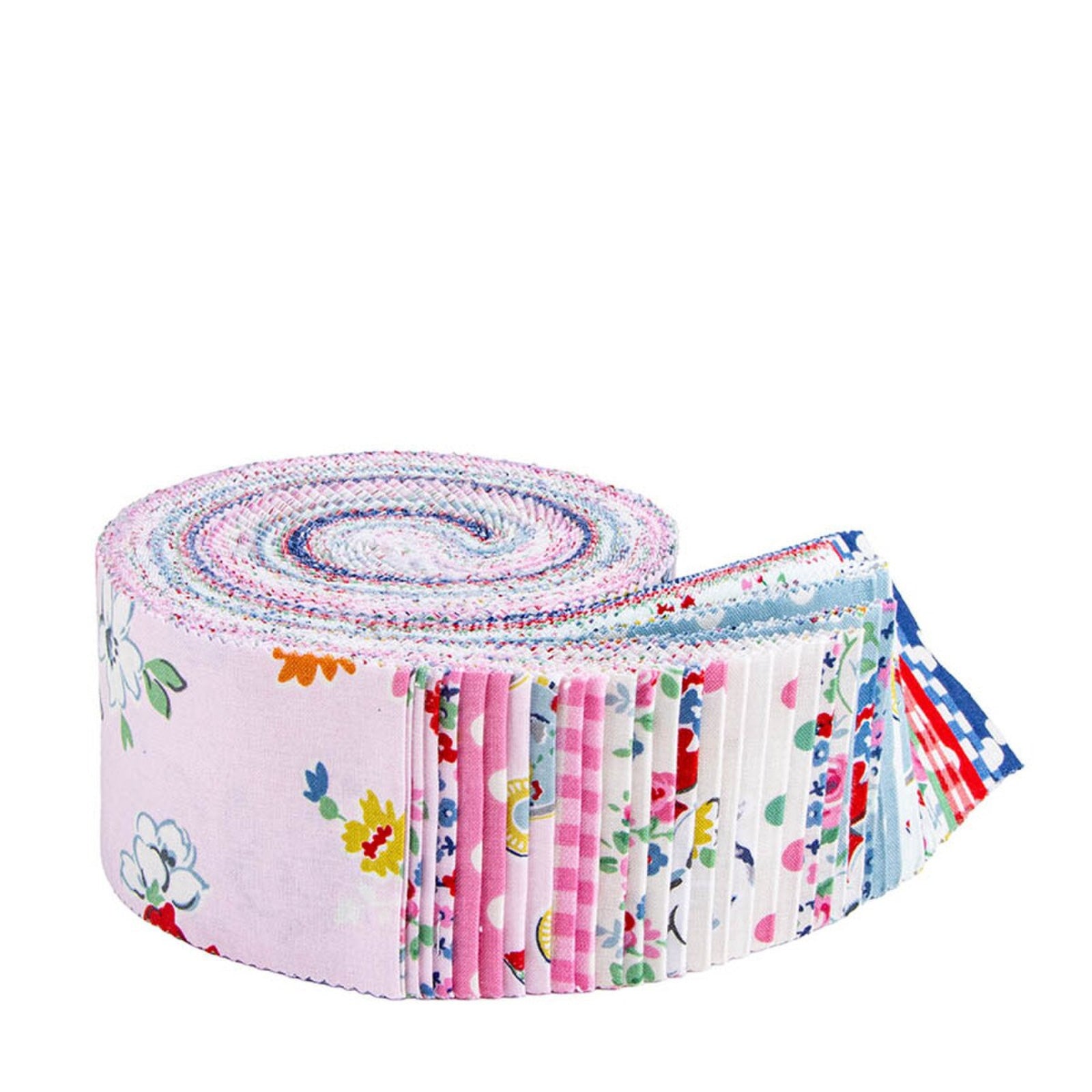 A roll of folded fabric with a multicolor floral and patterned design, partially unrolled to show the variety of colors and prints.