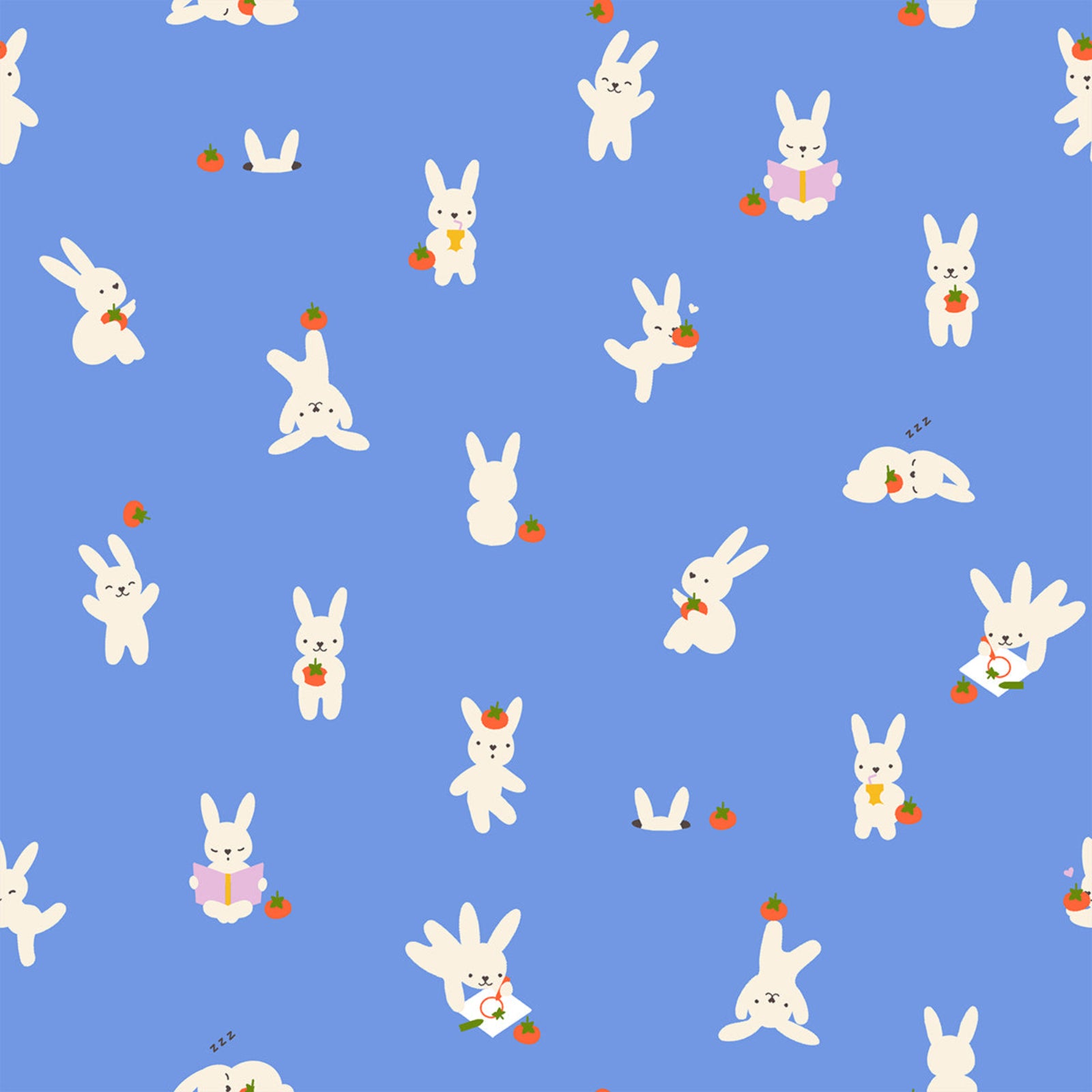 Pattern of white cartoon bunnies with carrots and strawberries on a blue background