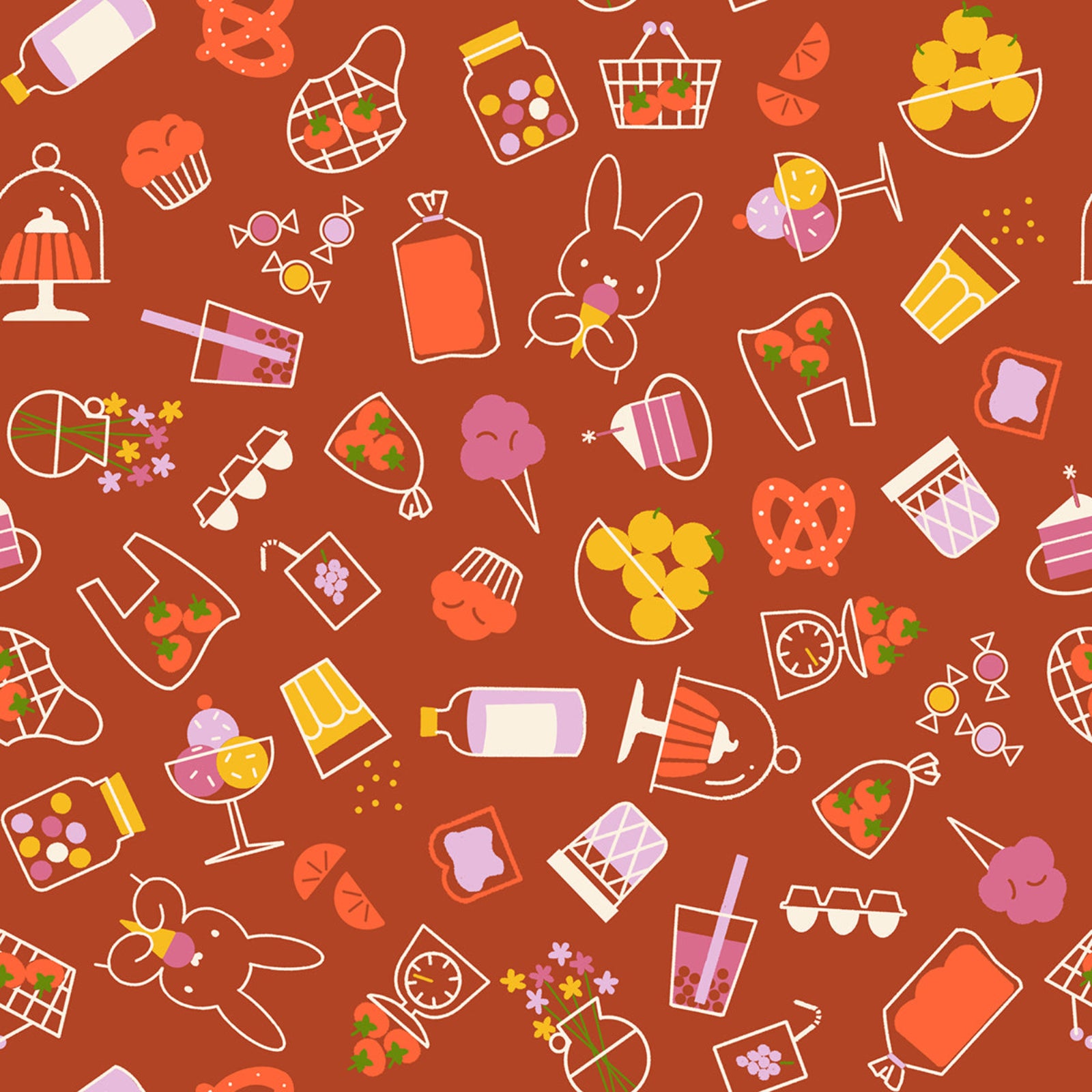 Pattern of various food and drink items on a brown background