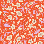 Floral pattern with flowers and birds on a red background