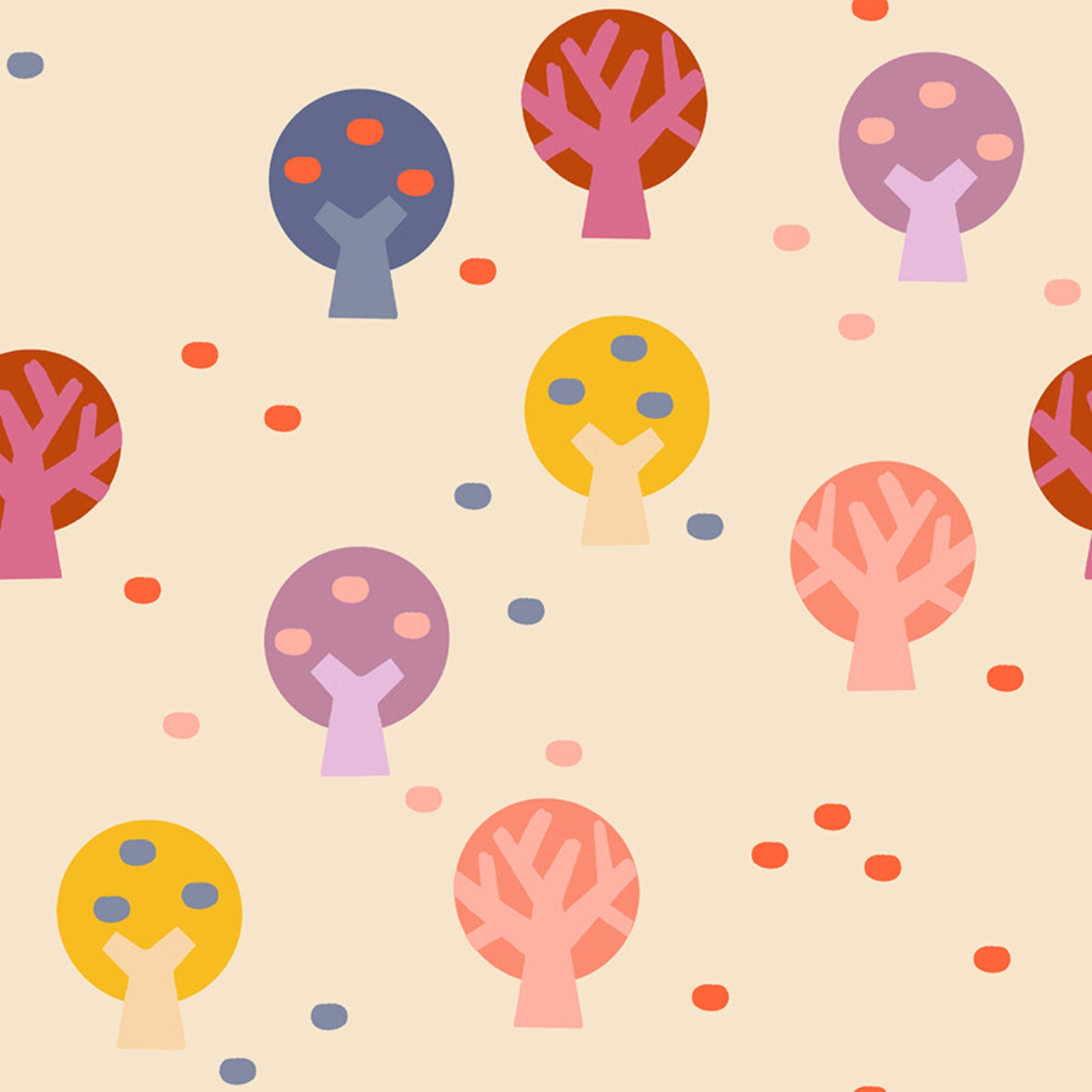 Pattern of colorful tree shapes on a beige background