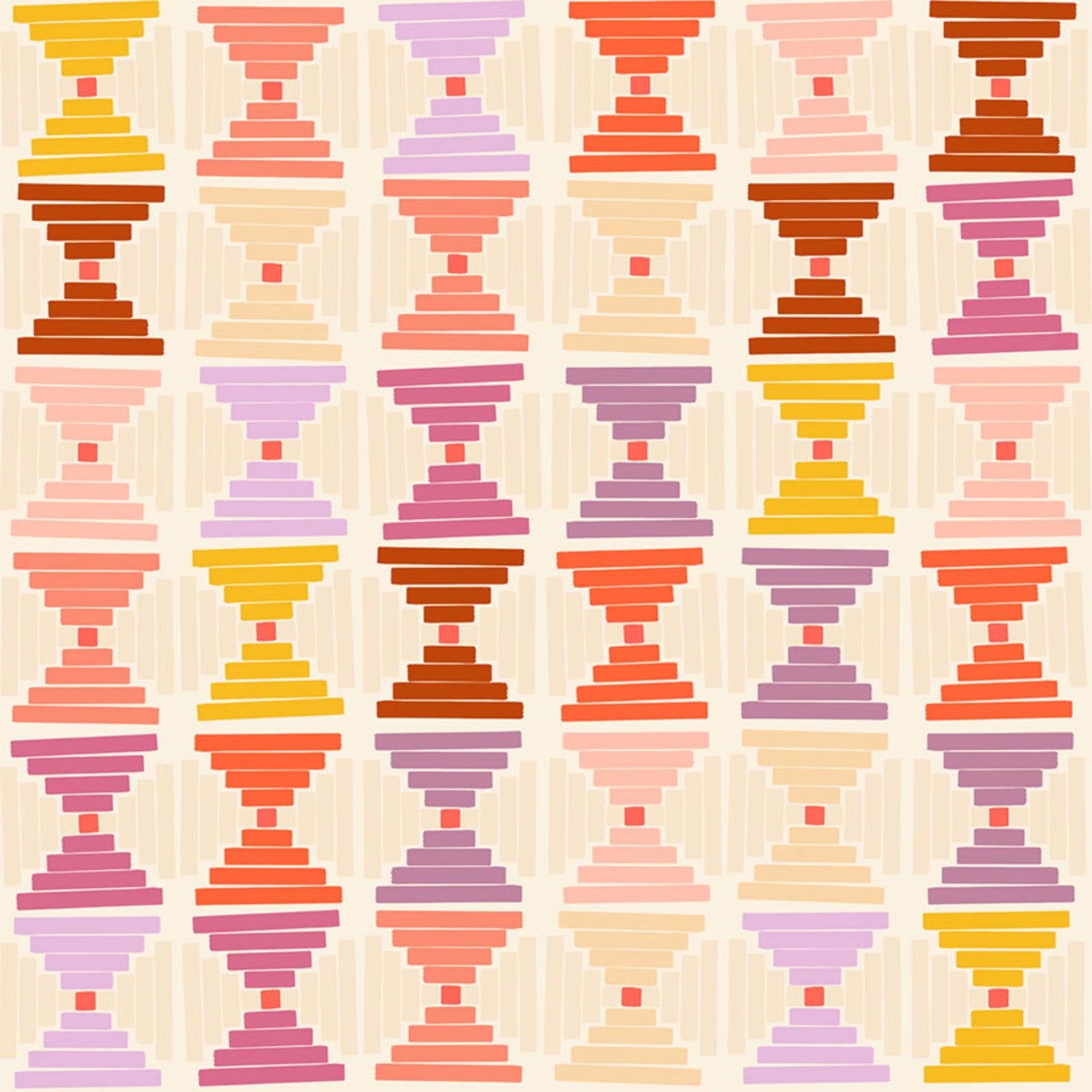 Pattern of colorful hourglass shapes on a beige background
