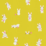 Pattern of cartoon bunny with headphones on a yellow background