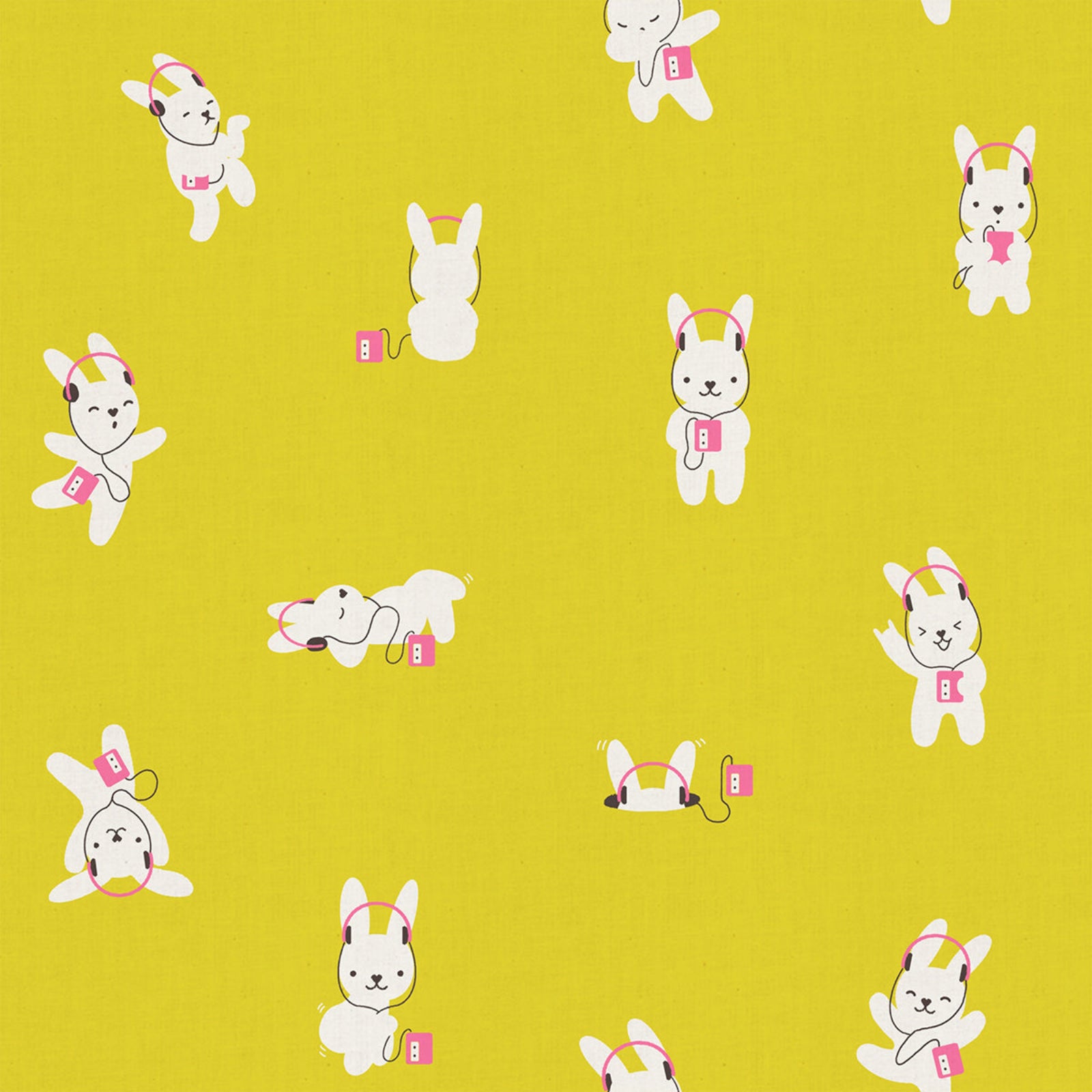 Pattern of cartoon bunny with headphones on a yellow background
