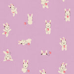 Pattern of cartoon bunny with headphones on a purple background