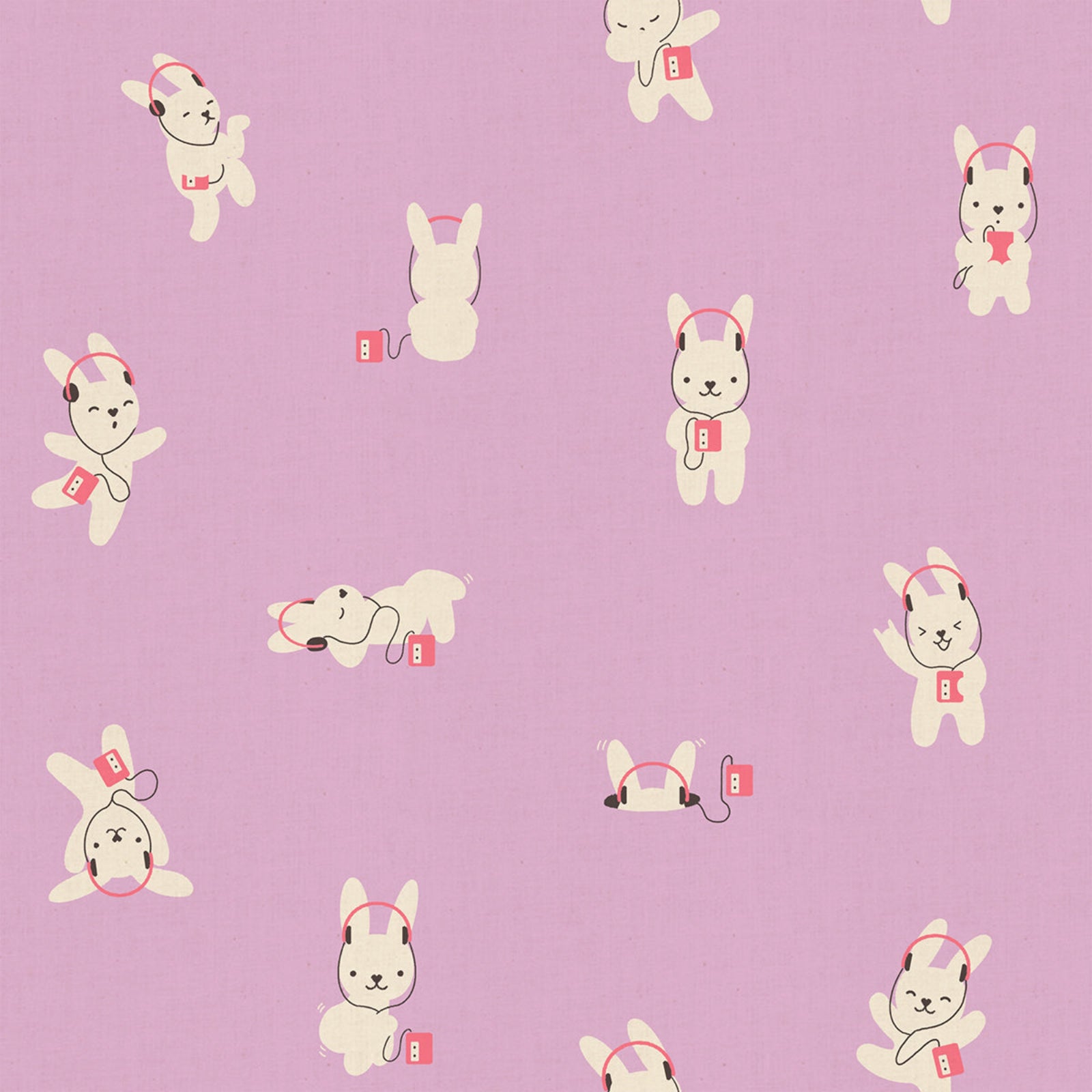 Pattern of cartoon bunny with headphones on a purple background