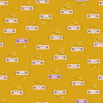Pattern of vintage radios and music notes on a yellow background