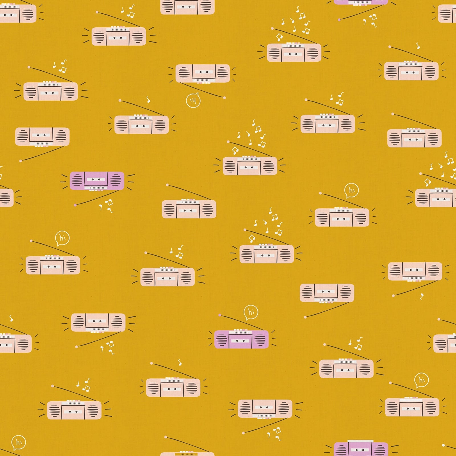 Pattern of vintage radios and music notes on a yellow background