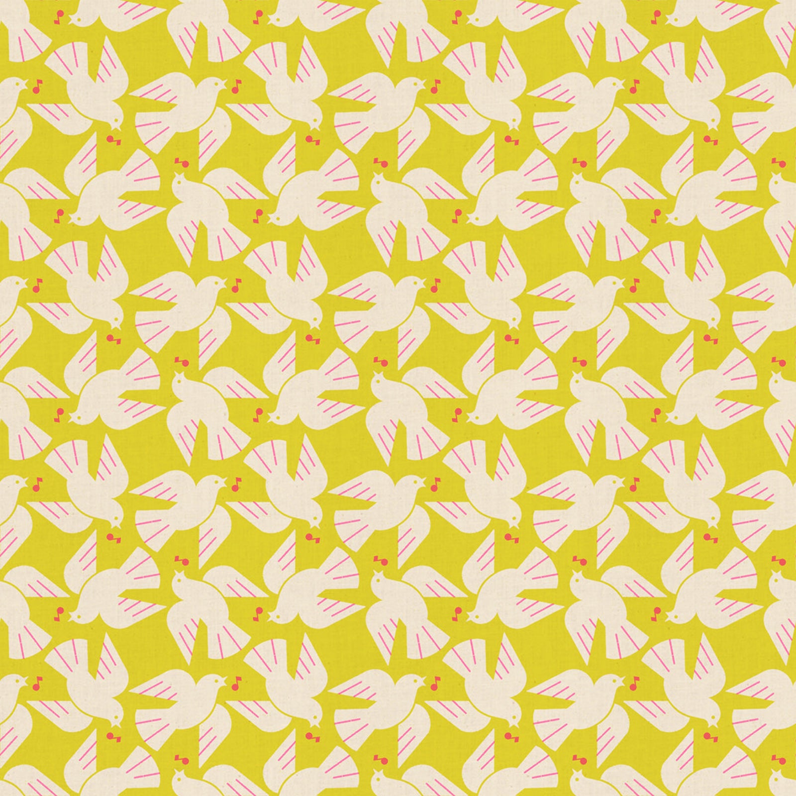 Pattern of white doves with red music notes on a green background