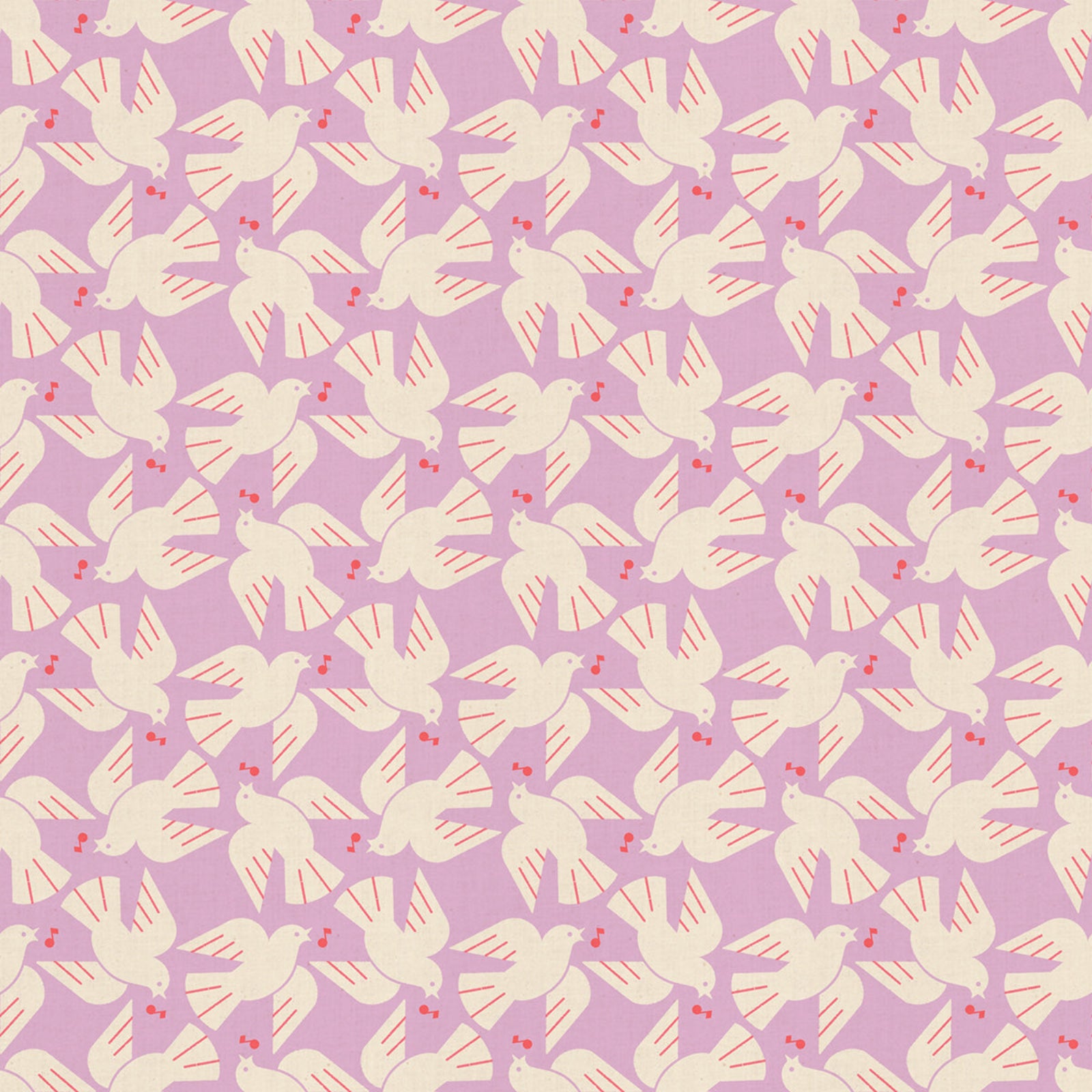 Pattern of white doves with music notes on a purple background