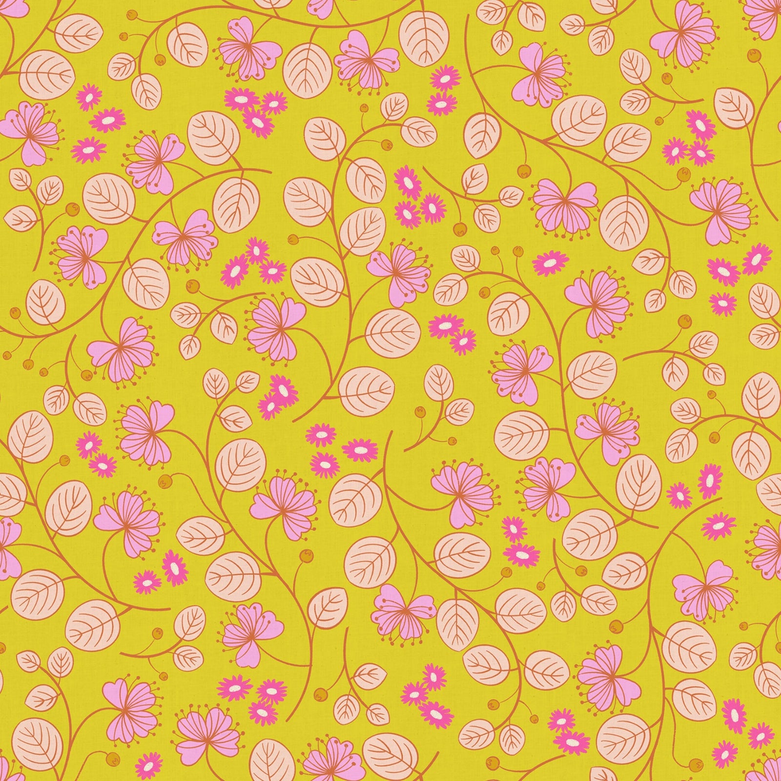 Floral pattern with pink flowers and leaves on a green background