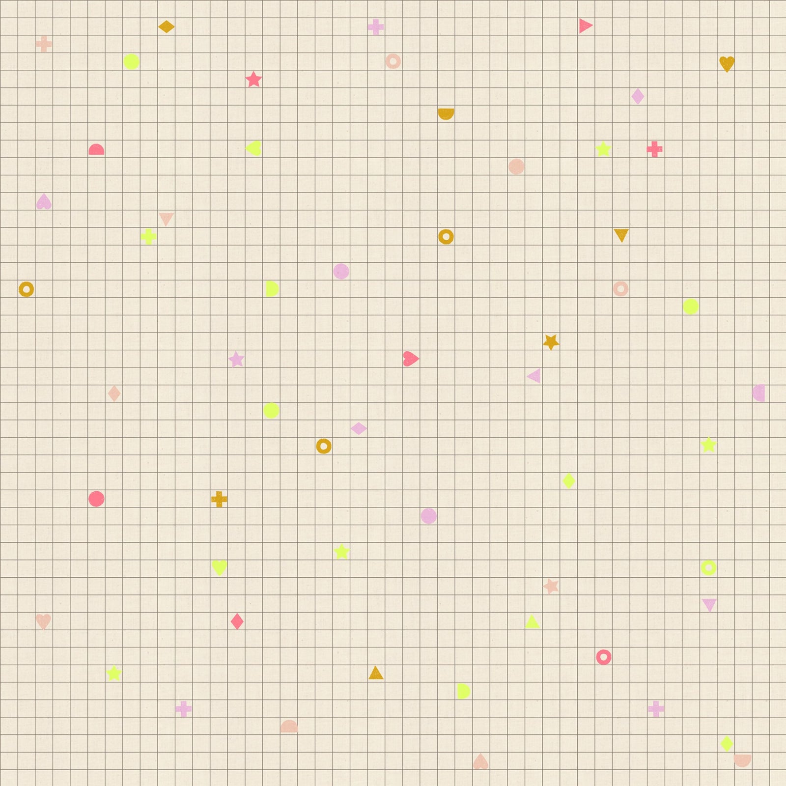 Colorful geometric shapes on a grid background