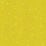 Yellow grid pattern with small colorful shapes on a yellow background