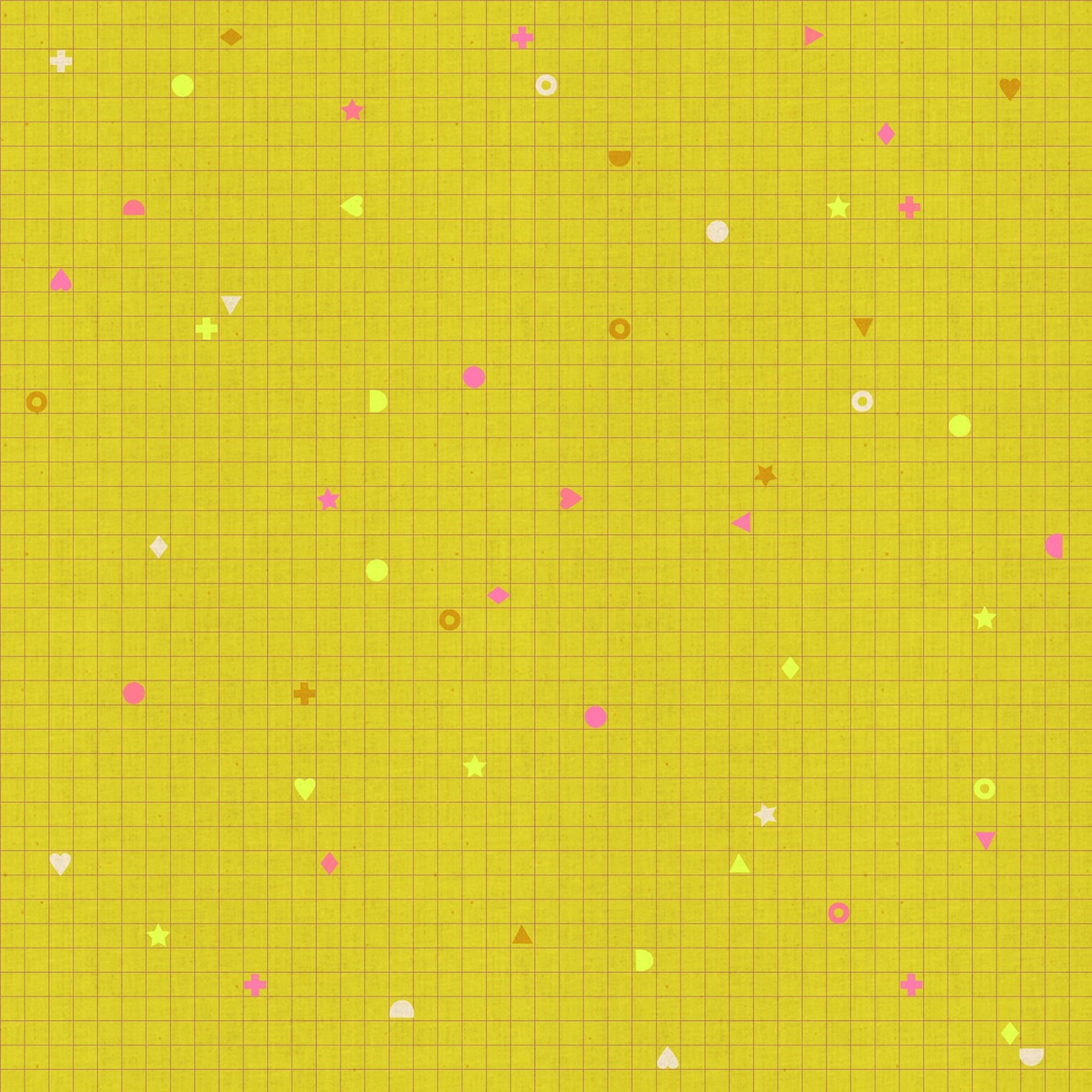 Yellow grid pattern with small colorful shapes on a yellow background