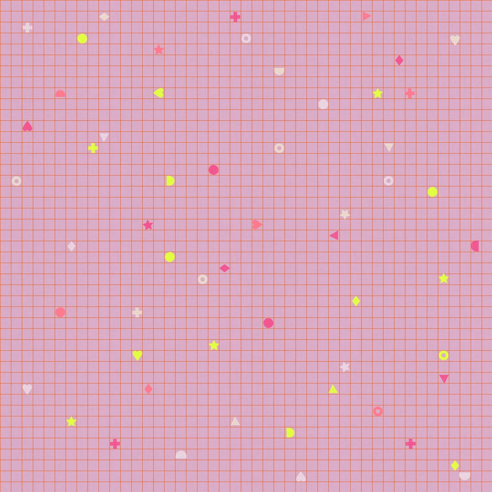 Grid pattern with colorful shapes on a pink background