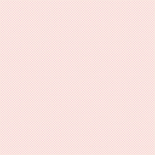 White background with a subtle pink polka dot pattern