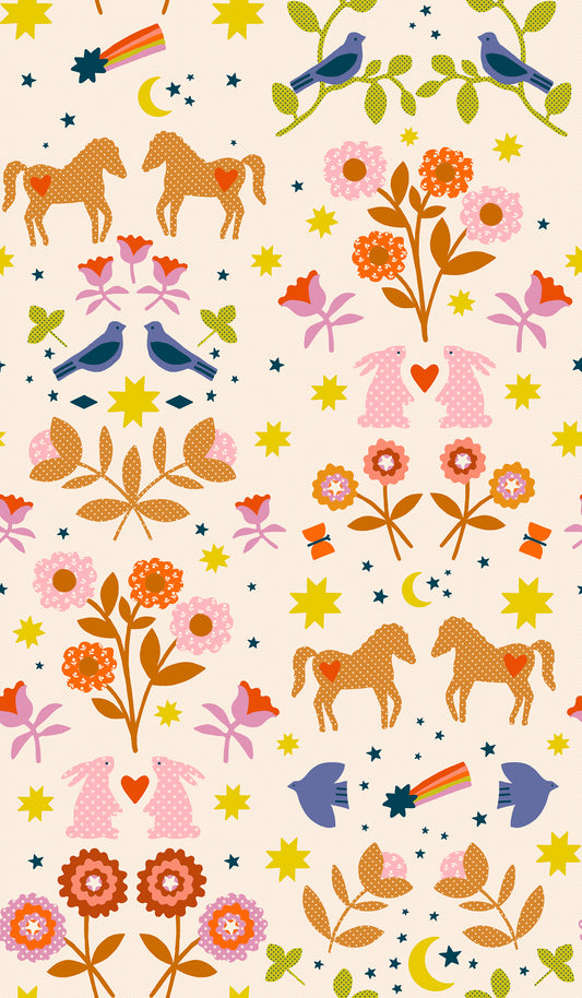 Pattern of horses, flowers, and birds on a light background