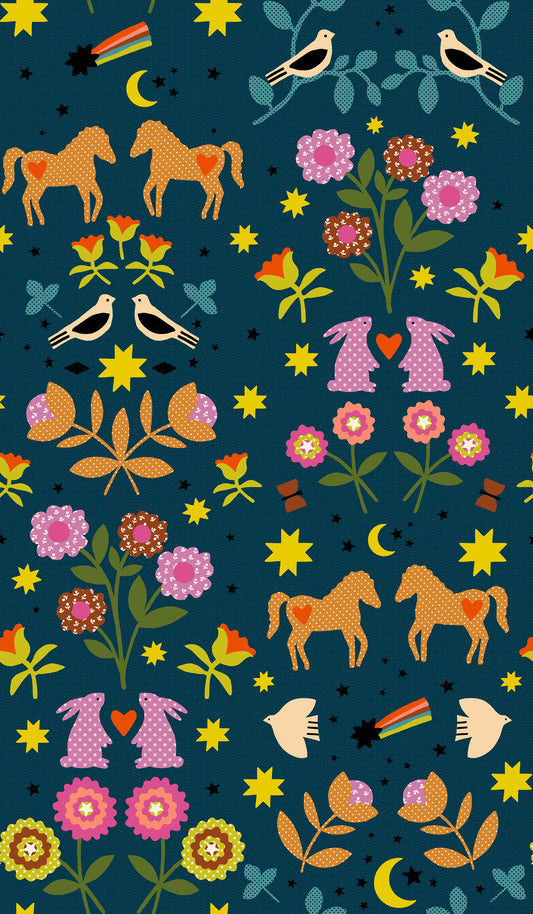 Colorful pattern with horses, flowers, and birds on a dark blue background