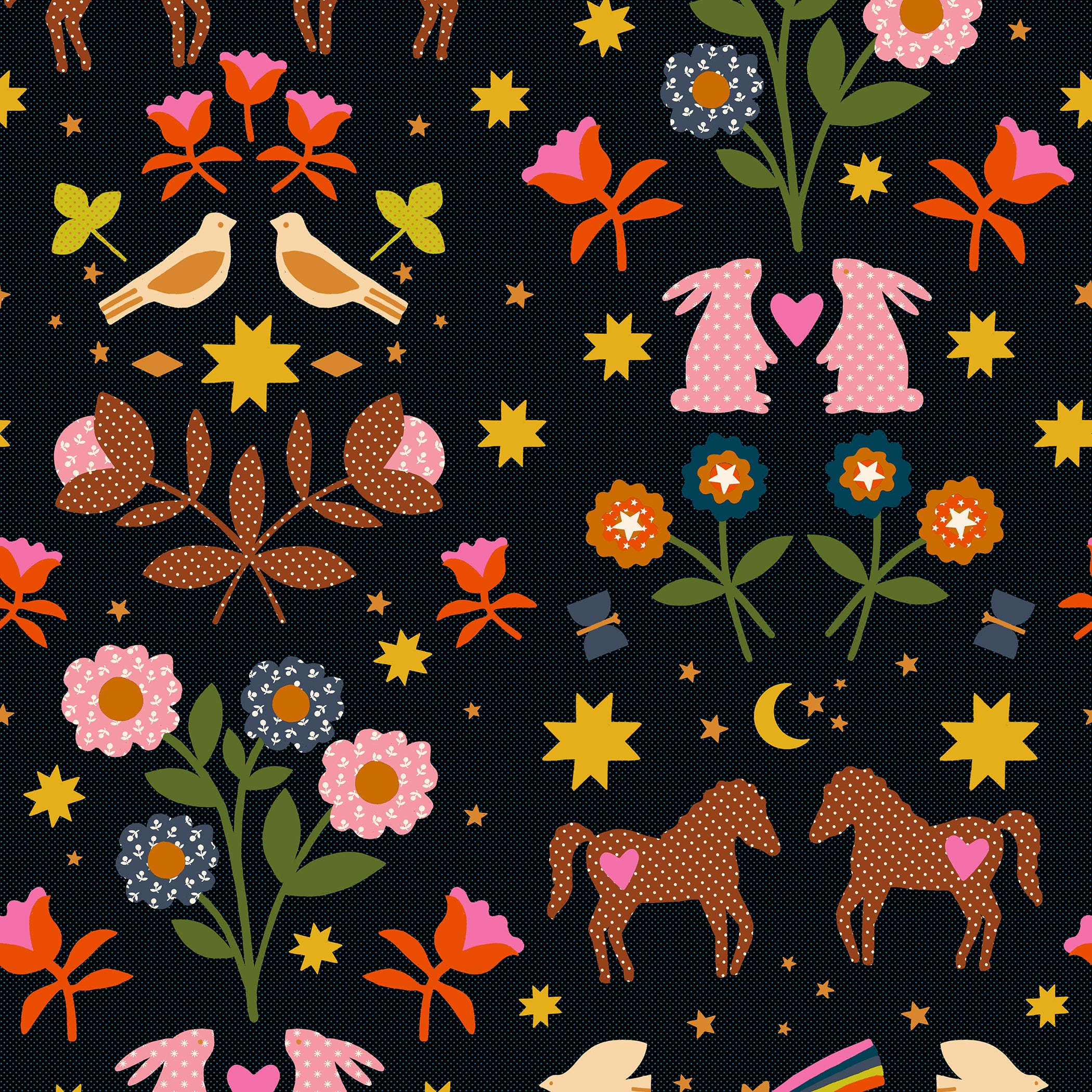 Colorful pattern of animals, flowers, and stars on a black background