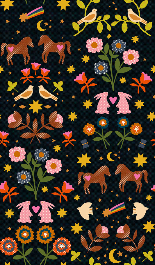 Colorful pattern of animals, flowers, and stars on a black background